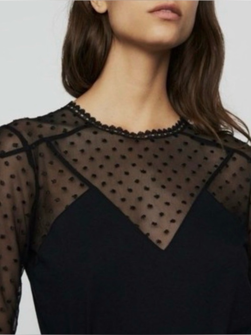 Maje Tribador swiss Dot Print Black Mesh Top Long Sleeve Size 1 Small